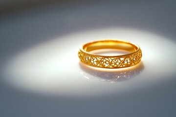 A gold ring with delicate filigree resting on a smooth white background, illuminated by sharp, vibrant reflections. contrast, white background, well-lit, sharp, realistic