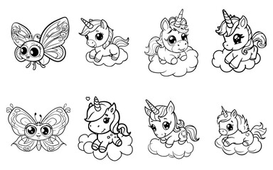 Coloring book pages  cute cartoon characters. Outline illustrations