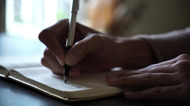 Woman's hands writing in a journal concept