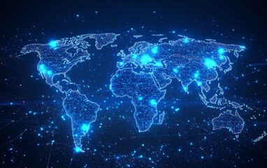 Fototapeta premium Digital world map with telecommunication lines and dots, pixelstyle design on a dark background, 3D rendering, futuristic theme