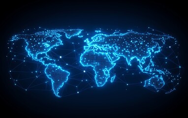 Fototapeta premium Global telecommunication network visualized with a 3Drendered pixel world map, glowing dots, and lines on a dark background, futuristic theme