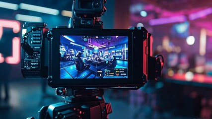 A video camera is positioned in front of a television screen, capturing the scene playing on the screen.