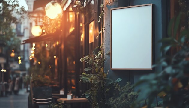 White paper mockup outside a restaurant for marketing and promotional purposes, clean, modern design emphasizing business advertising concepts