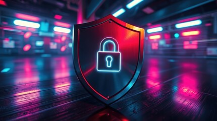 A digital shield with a padlock, symbolizing cybersecurity and protection.