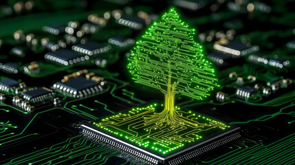 Obraz premium In the digital age, a glowing tree with branches that resemble circuits growing from a microchip represents the union of technology and nature.