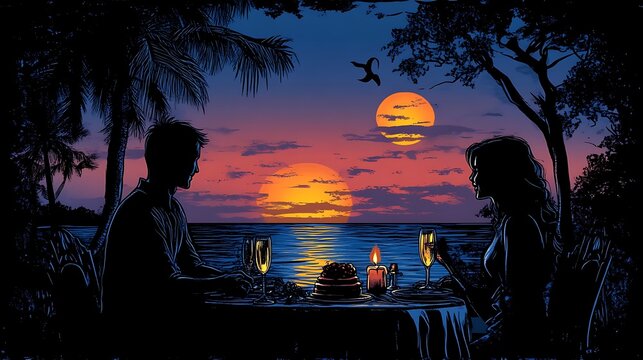 Romantic sunset dinner on tropical beach.