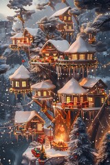 Whimsical Treehouses Surrounded by Snow in a Festive Community Scene