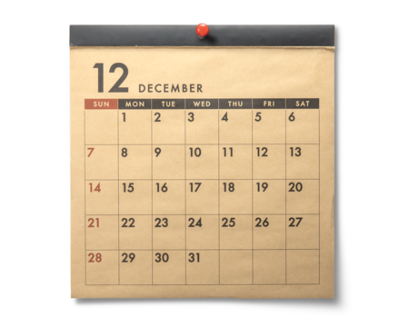 クラフトペーパーの壁掛けカレンダー。12月