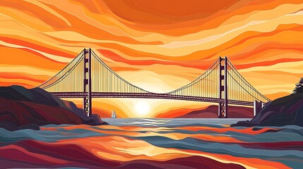 Obraz premium Vibrant Sunset Over the Iconic Golden Gate Bridge in Bold Colors