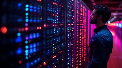Technician inspecting server racks in a data center.