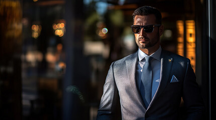 Fototapeta premium Stylishly dressed man wearing sunglasses stands confidently outside a modern building in bright sunlight.