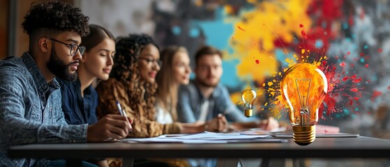 Diverse group of professionals sitting around a table, brainstorming with light bulbshaped idea splashes, representing innovative learning methods