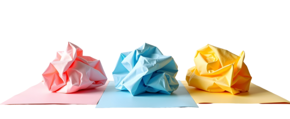 Three crumpled pastel paper balls rest on matching colored mats against a stark black background. A captivating still life of vibrant hues and textures., cut out