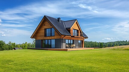 Obraz premium Modern Wooden House on a Green Field. Concept of Rural Living, Home, and Architecture.