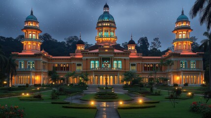 Illuminated palace at night.