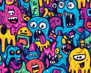 Handdrawn doodle pattern of abstract graffiti featuring cartoon monsters, ghosts, and strange beings, colorful, fun, and playful style