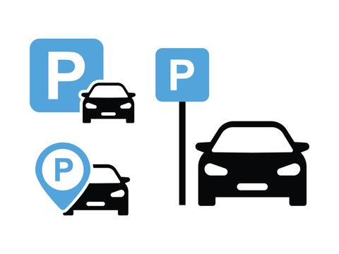 Car parking icon set. Public parking and parking location symbol.