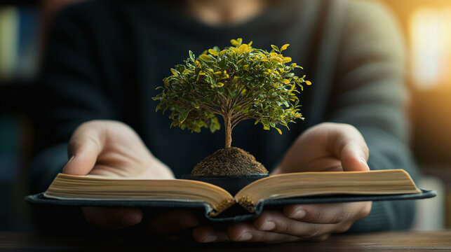 Hands hold an open book with a small tree growing from its pages in a cozy indoor setting during evening light.