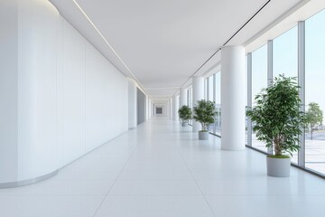 Fototapeta premium Architecture and improvement concept. Modern hallway with large windows and potted plants, featuring bright, minimalist design.