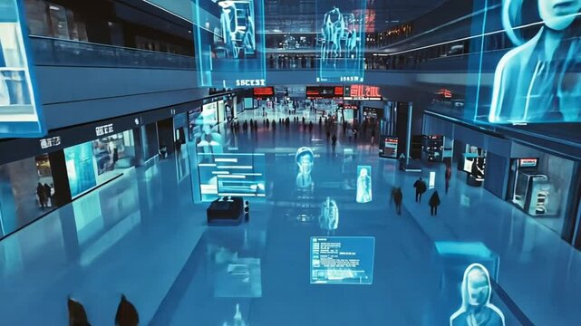 Facial recognition technology scan and detect people face for identification in crowded places. CCTV camera motion detection system recognizes and identifies people using big data and AI