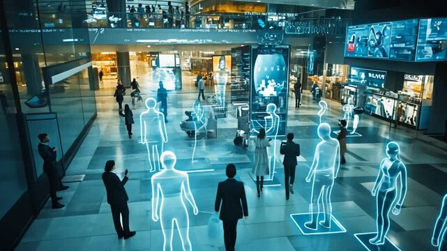 Facial recognition technology scan and detect people face for identification in crowded places. CCTV camera motion detection system recognizes and identifies people using big data and AI