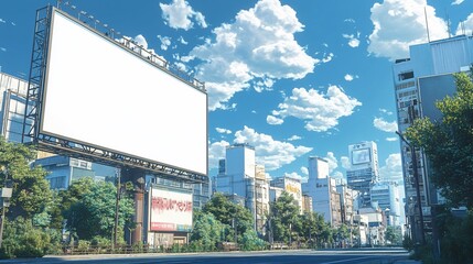 Obraz premium Blank Billboard in a Vibrant Anime-Style Cityscape