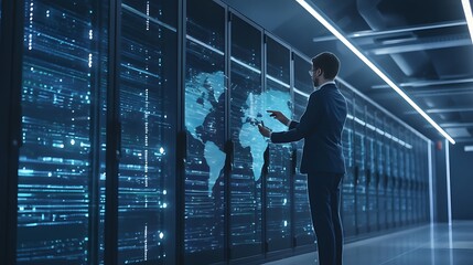 IT Analyst Examining Data in Server Room with Digital Displays