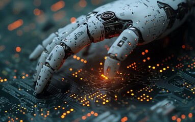 Closeup of a robotic finger touching a computer chip, showcasing detailed circuits and futuristic technology, representing the future of digital innovation