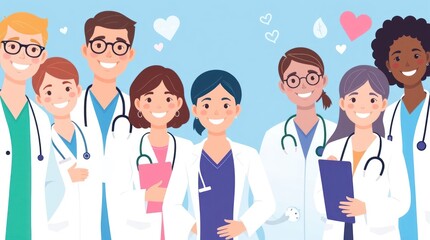 A group of cheerful healthcare professionals in white coats, promoting teamwork and care.