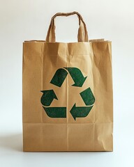 Ecofriendly brown paper bag with a green recycling symbol, fully recyclable and reusable, symbolizing environmental safety and sustainability