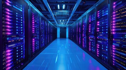 Futuristic Data Center with Vibrant Blue and Purple LED Lights Illuminating Rows of Advanced Server Racks in a High-Tech Environment