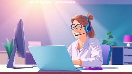 A cheerful woman working at a computer with a headset in a modern office setting.