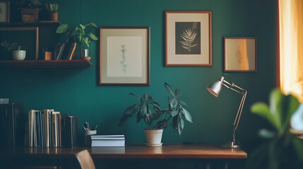 Cozy workspace with plants and framed art creating a serene atmosphere in a modern home office.