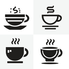 Set of minimalist coffee cup vector icons featuring hot beverages with steam. Perfect for branding, logos, menus, or promotional designs related to cafes, coffee shops, or tea houses. Includes a varie