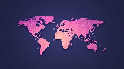A shimmering pink world map on a dark background, illustrating global connections and creativity.