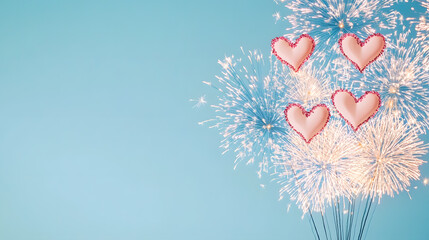 Exploding fireworks forming heart shapes in sky create romantic atmosphere, perfect for celebrations and special occasions