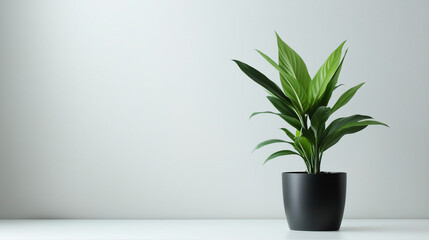 Minimalistic workspace with a sleek laptop, potted plant, and white desk, ideal for productivity, office branding, and modern visuals
