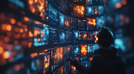 Person monitoring data on curved screens.