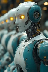 Close-up of humanoid robots in a row.