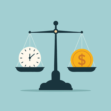 Vector illustration of a scale weighing a clock and a dollar coin, representing the balance between time and money. Ideal for themes like time management, business value, and financial planning.