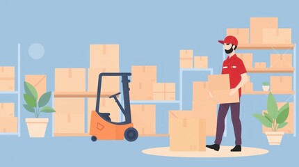 A warehouse scene with a worker handling boxes and a forklift amidst storage shelves.