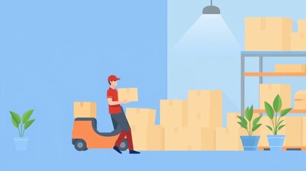 Naklejka premium A worker using a forklift to transport boxes in a warehouse setting.