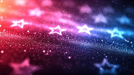 Presidents' Day promotion background concept. Abstract background featuring colorful stars and sparkling effects in red, blue, and purple hues.