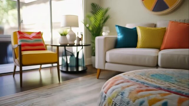 Colorful patterned ottoman in a modern living room with blurred background of sofa and armchair. Animation looping video background. Generated with AI
