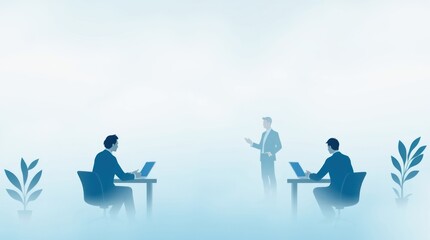 Two individuals at desks listening to a speaker in a foggy, minimalist setting.