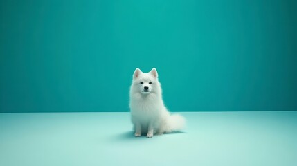 Fluffy white dog sitting on light blue background.