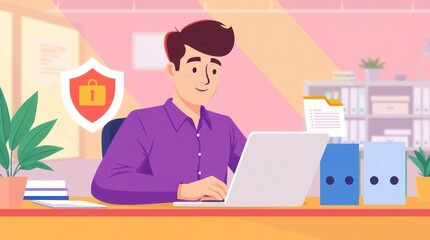 A man working on a laptop at a desk with folders and a security icon.