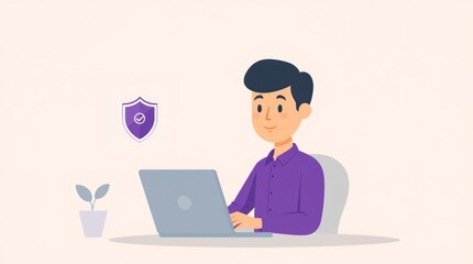 A person working on a laptop with a security shield icon, symbolizing online safety.