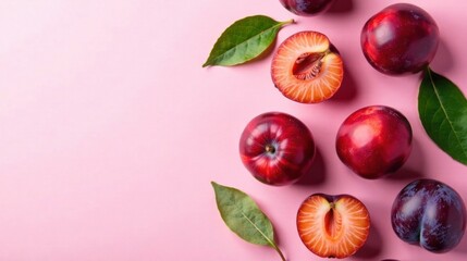 Studio shot of vibrant red plums and plum halves arranged artfully on a pink background, showcasing their juicy texture and rich color with accompanying green leaves.