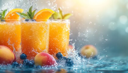 Vibrant banner featuring glasses of fresh orange juice with oranges, apples, blueberries, and peaches, water splashing in the background, ample copy space